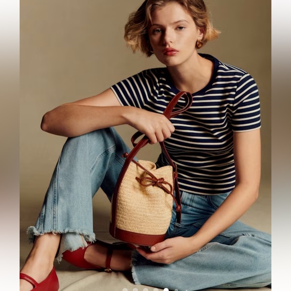 Sézane Mini Farrow Raphia Bag Bucket Leather Strap Natural Beige Woven Sezane - Picture 4 of 13